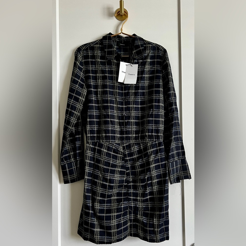 NWT THEORY Asymmetrical Plaid Silk Shirtdress In Deep Navy Multi Size Small NEW